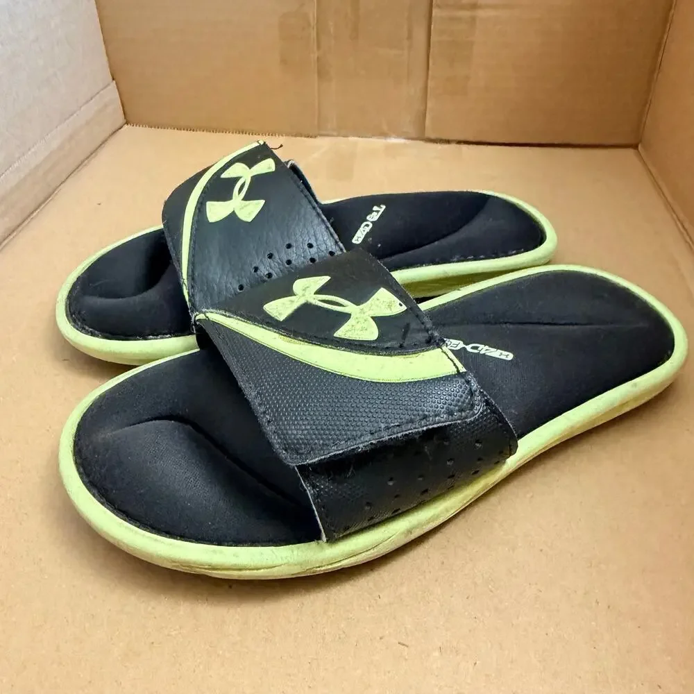 Under Armour Boys Slides Sandals 4D Foam Footbed Neon Green Black Size 1 Youth